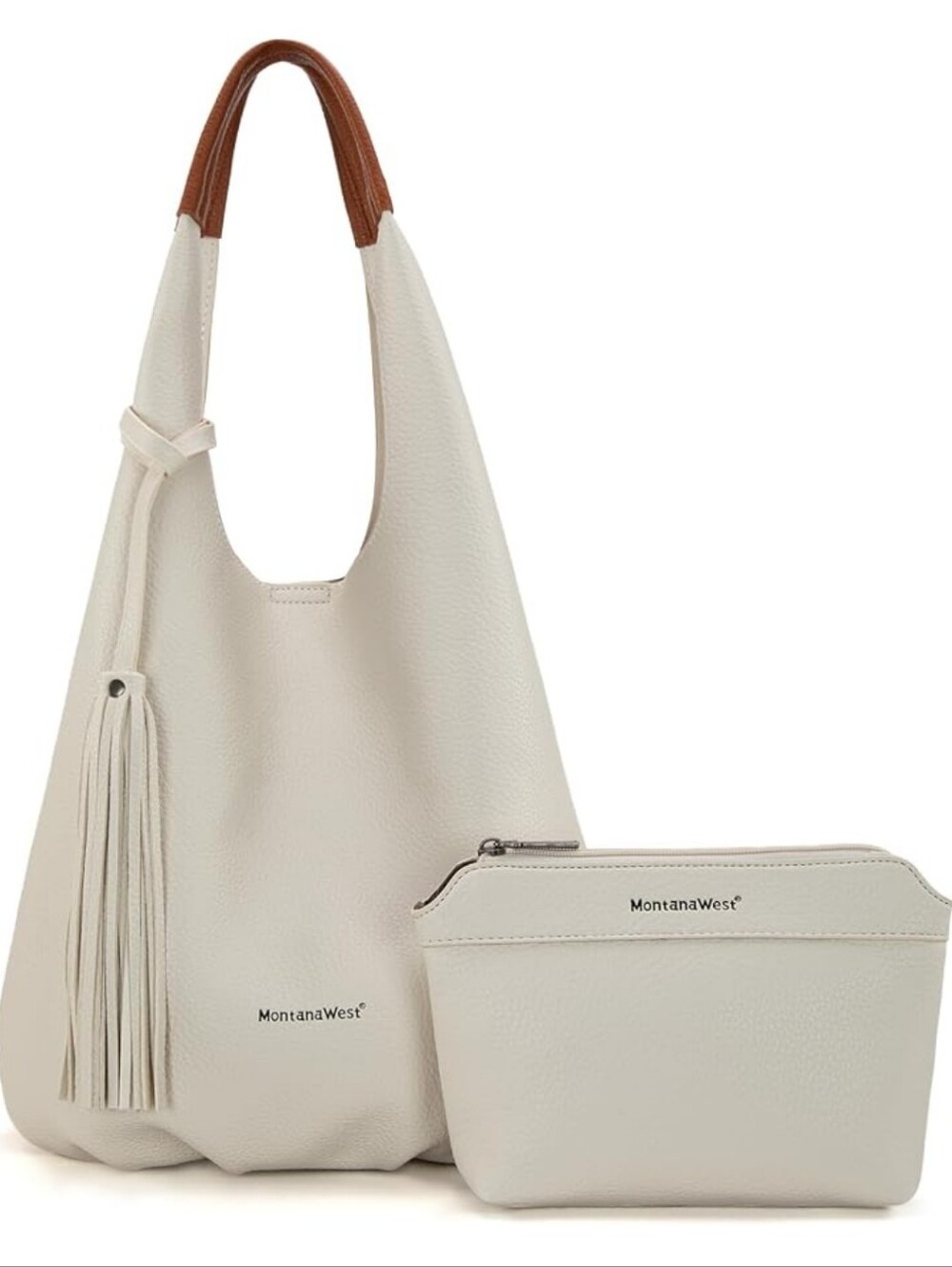 Montana West Cream Hobo Bag with Brown Accent Handle and Pouch